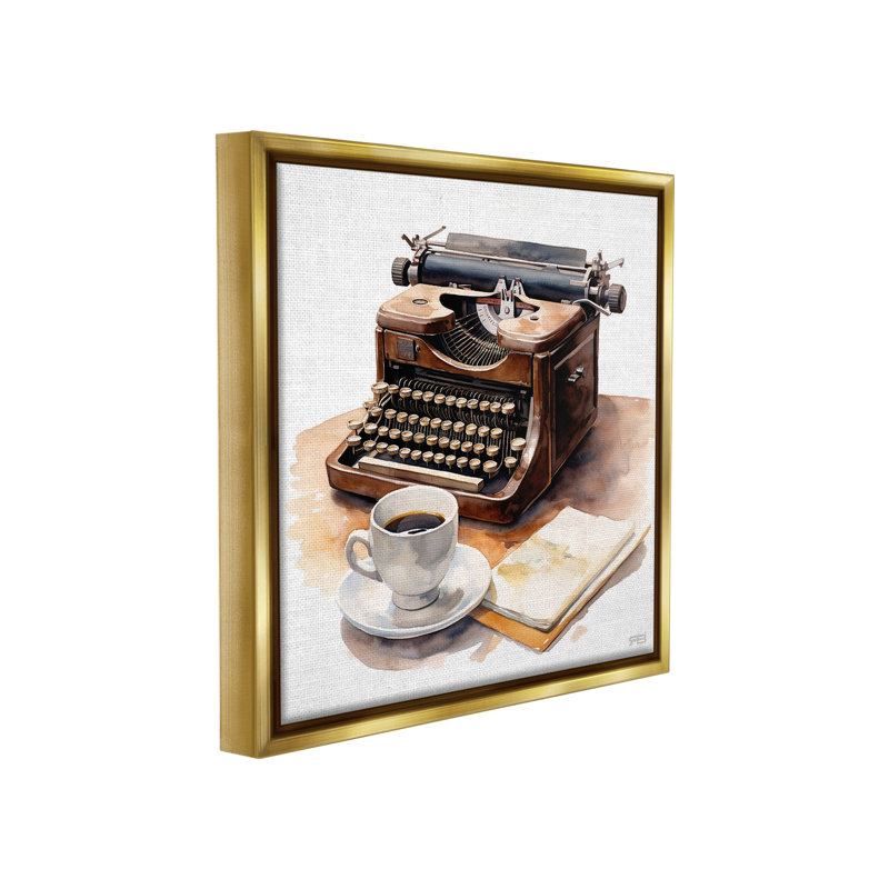 "Machine à écrire avec tasse à café" par RB sur toile, Cadre flottant métallique doré, H 25 po x l 25 po