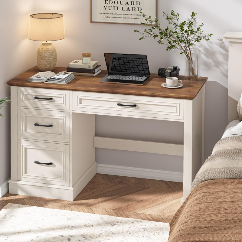 Bureau de direction Farmhouse 47 po avec 3 tiroirs et tiroir classeur réglable, Brun / Blanc