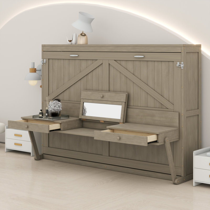 Lit escamotable mural avec rangement, armoire-lit pliable avec bureau, miroir central et tiroirs latéraux, Gris patiné