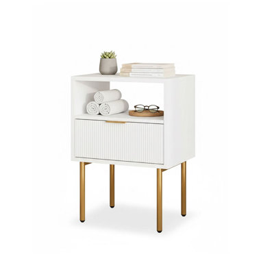 Mid-Century Modern Nightstand, Small Side Table with Storage Drawer & Open Wood Shelf for Bedroom Living Room