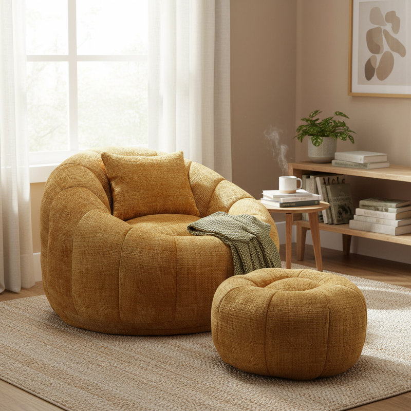 Cloud-Like Memory Foam Bean Bag Chair & Ottoman Set Soft Fabric Lounger with Pillow for Living Room/Playroom, Yellow Chenille