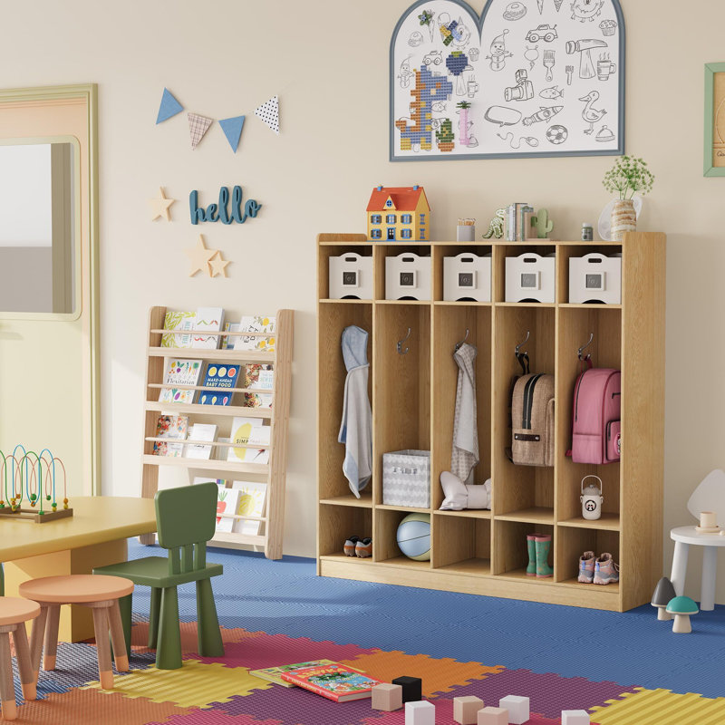 Casier à 5 sections avec 10 casiers, rangement pour casiers avec 5 crochets pour la maison, l'école, Beige