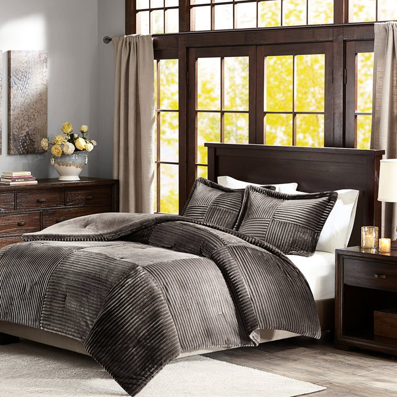 Édredon grand en duvet synthétique, style et conception à nervures sur le devant, confort à l'arrière uni, 2 taies décoratives, lavable à la machine, rembourrage double gris / double, texture, envers, 1