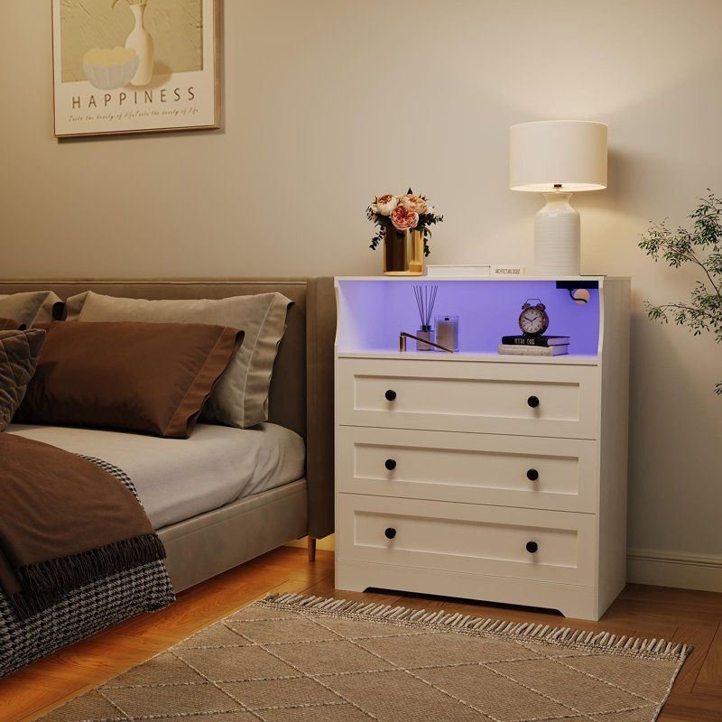 Modern 3 Drawer Small Wood Dresser, Charging Station LED Lights, Bedroom Closet Living Room Hallway, Bedside Organizer, White
