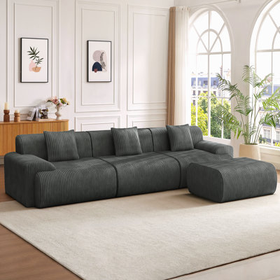 118" Modern L Shaped Modular Sectional Sofa, Boneless Cloud Couch With Ottoman, Oversized Corduroy Couch Deep Seat, 30D Sponge For Indoor Living Room, No Assembly Required
