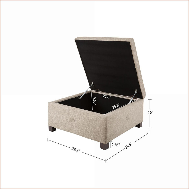 Ottoman with Soft Close Storage, Sand Fabric | Button-Tufted | Dark Brown | Wood Frame, Tan