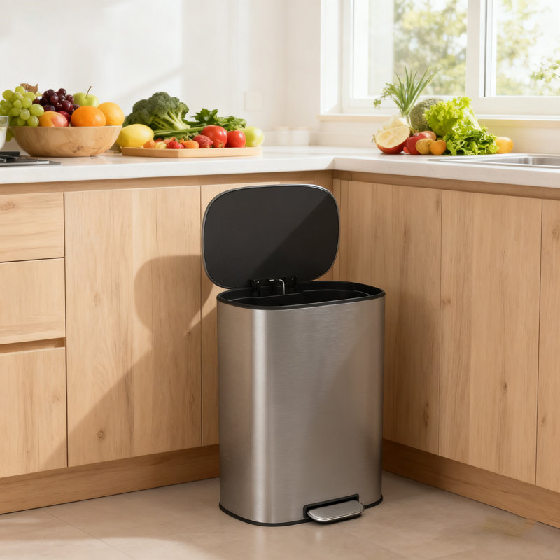 Poubelle de cuisine en acier inoxydable 13,2 gallons avec couvercle à fermeture en douceur et seau amovible, Argent argent