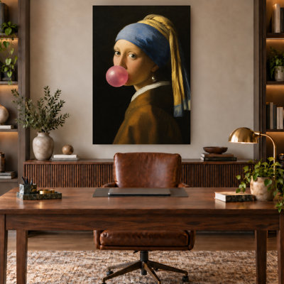 «Classic Girl with Pearl Pearl», art mural sur toile rose