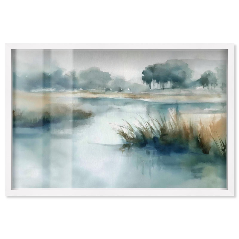 «Hazy River I Landscape Art Shadowbox Print» par Art Remedy, H 11 po x l 16 po, Blanc