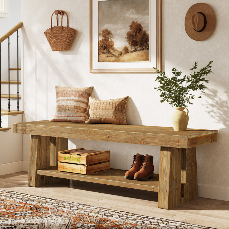 Banc de 63 po en bois massif avec tablettes ouvertes à 2 niveaux