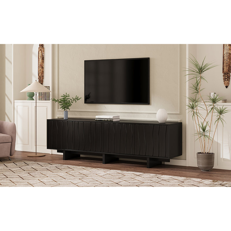 Meuble télé à grain rétro en bois avec porte ondulée pour téléviseur de 75 po ou moins, console média rustique avec amplement d'espace de rangement, meuble télé robuste avec gestion des câbles pour le salon