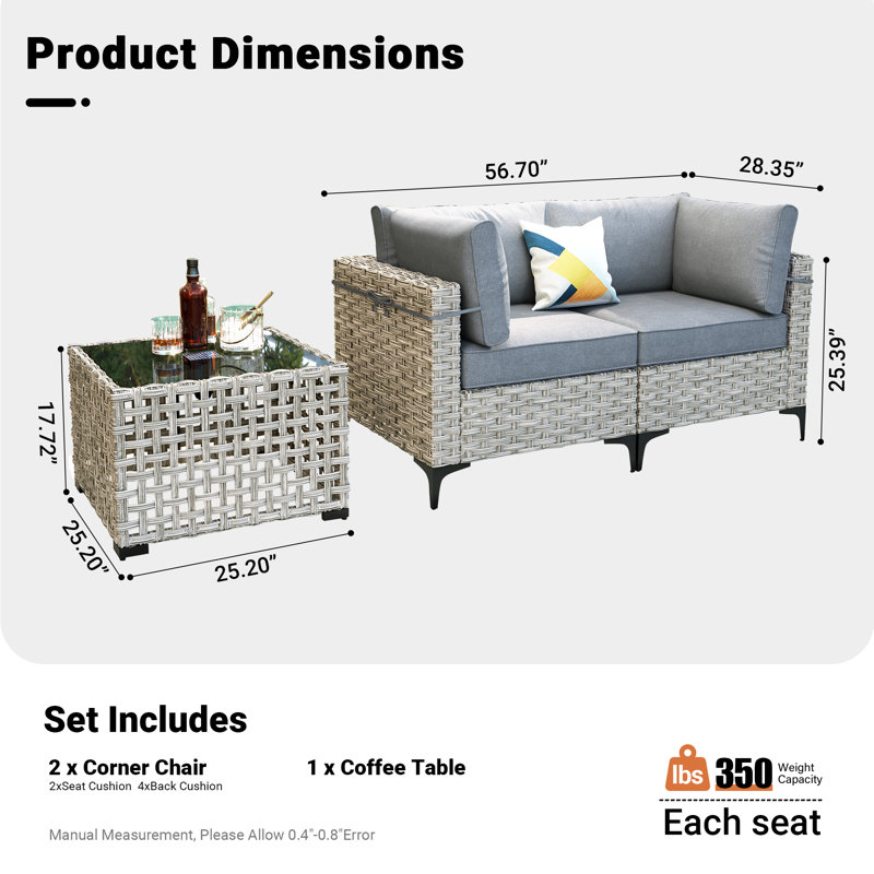Emroy Wicker/Rattan 2 - Person Seating Group With Lighted Coffee Table and Cushions, Gray