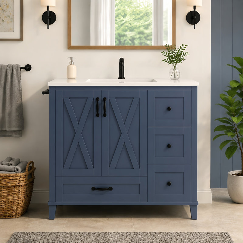 Meuble-lavabo autoportant avec lavabo en céramique 36 po, portes en forme de X, 4 tiroirs de rangement, Navy Blue