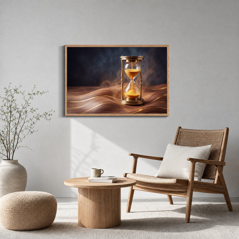 Tableau sur toile représentant un sablier doré sur une table en bois ondulé, 24"H x36"W