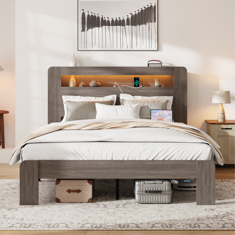 Lit plateforme en bois avec tête de lit à DEL avec rangement, Grand lit, Gris foncé