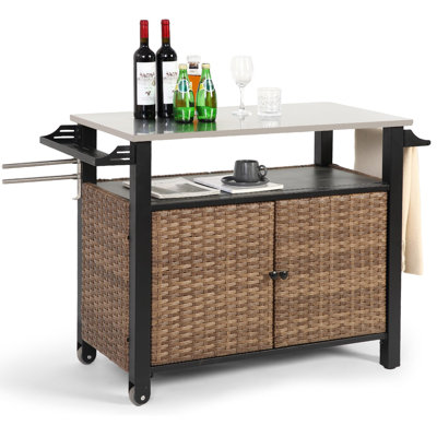 Outdoor Wicker Grill Prep Station & Stainless Steel Serving Bar Table with Hooks Wheels