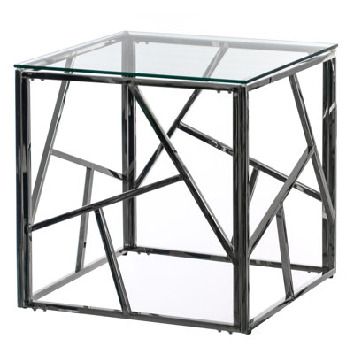Table d'appoint moderne carrée avec plateau en verre trempé et plateau en métal doré