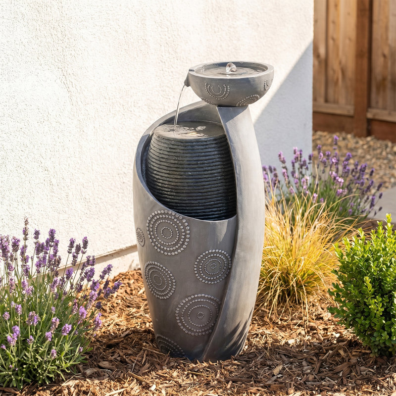 Myrtlee Hand Crafted Weather Resistant Floor Fountain with Light, Gray