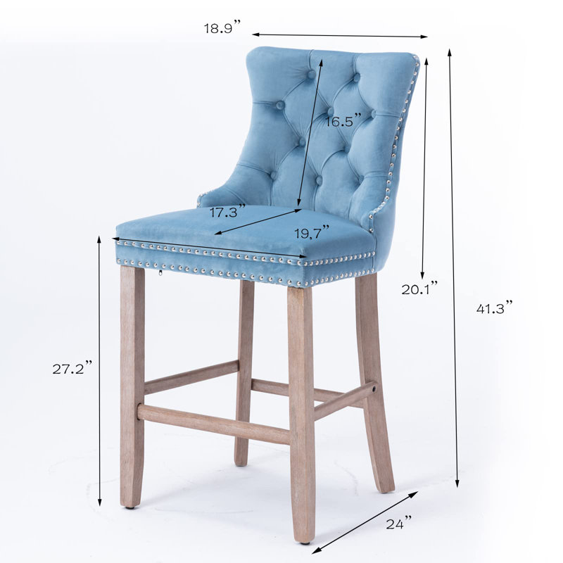 Tabouret de bar rembourré en velours avec dossier capitonné, Bleu clair, Naturel, 4