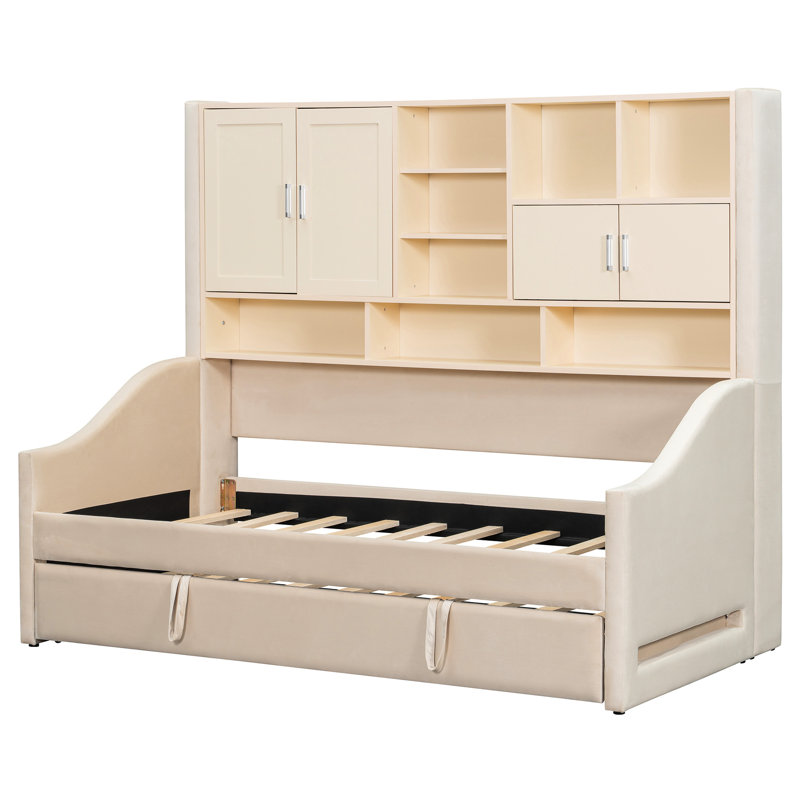 Twin Size Upholstered Daybed In Beige, Built - Armrest Led Lighting, Shelves And Cabinets, Pull Out Trundle, Soft Fabric For A Warm Cozy Bed Beige With Frame, Illumination, Storage Decor, Lift Up