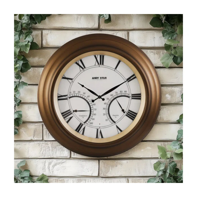 Grande horloge murale contemporaine contemporaine avec thermomètre imperméable illuminé, 24 pouces, Bronze frotté à l'huile