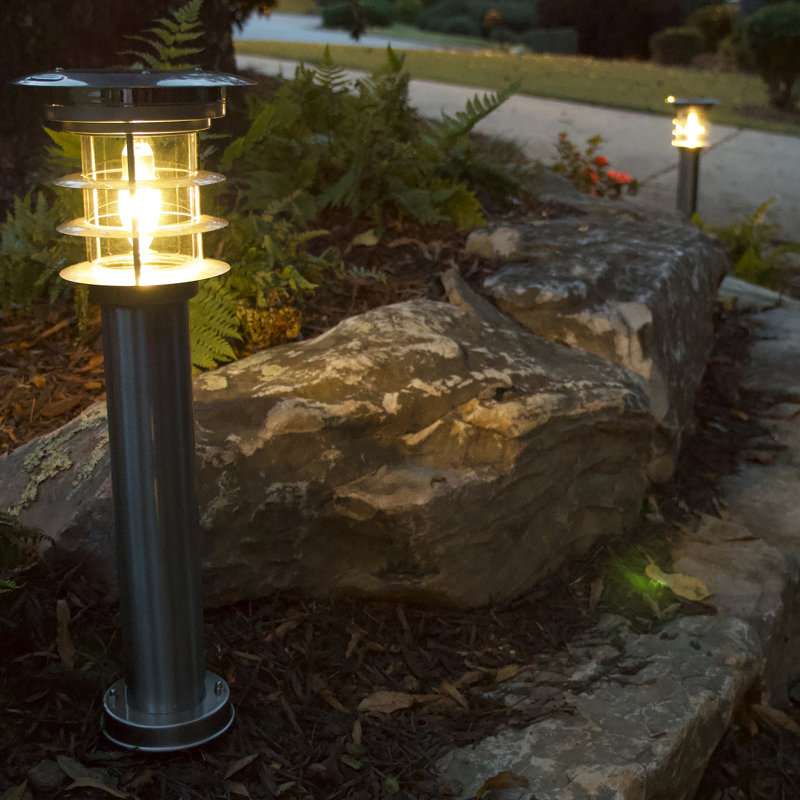 Stainless Steel Silver LED Solar Pathway Bollard Lights, Set of 2