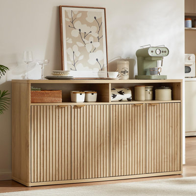 Fluted Wood Buffet Cabinet with 4 Doors, Adjustable Shelves and Open Storage