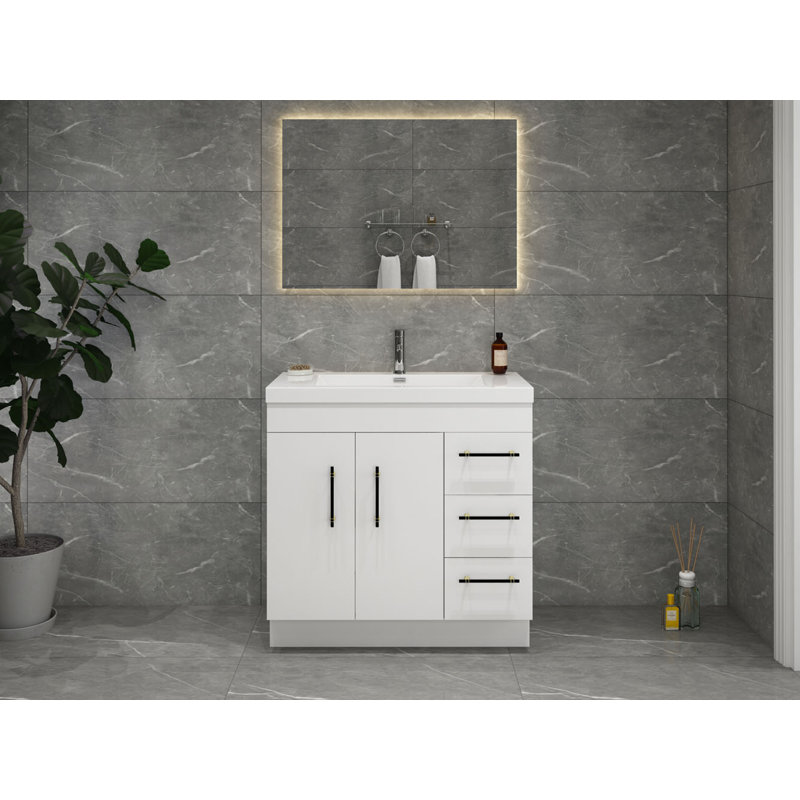 Meuble-lavabo simple 36 po Carliss, Blanc lustré, Noir