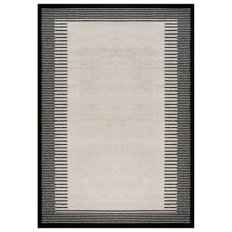 Tapis moderne à motif abstrait à bordure douce, Crème/noir, Rectangulaire 7 pi 10 po x 10 pi