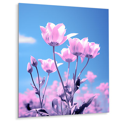 Tulipes roses bleues et fleurs enchantées - décoration murale florale en métal