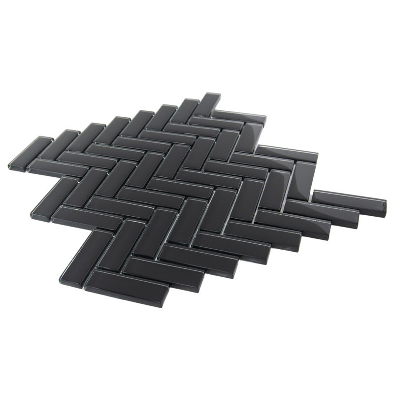 11"X 12.6" Herringbone Polished Glass Mosaic Tile, Black