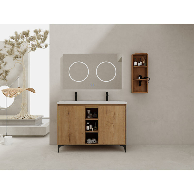 Meuble-lavabo autoportant 48 po avec lavabo double et support de rangement, portes à fermeture douce, armoire combinée