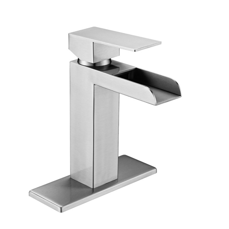 Modern Bathroom Sink Tap - Brushed Nickel Waterfall Single Handle With Pop Up Overflow Drain Stylish Faucet &, Brushed Nickel