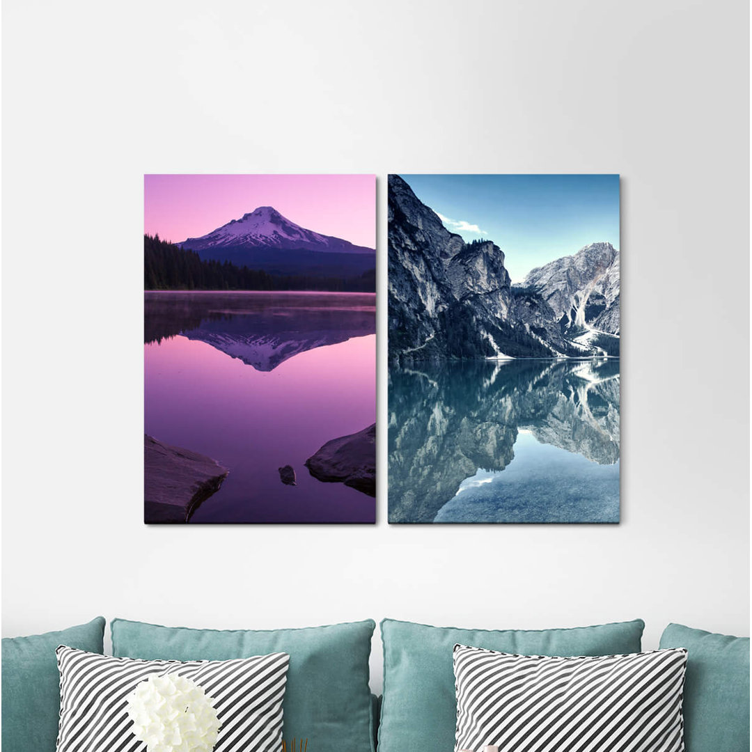 2-tlg. Leinwandbilder-Set - Grafikdruck „Fuji Volcano Lake Mountains Clarity Nature Meditation”