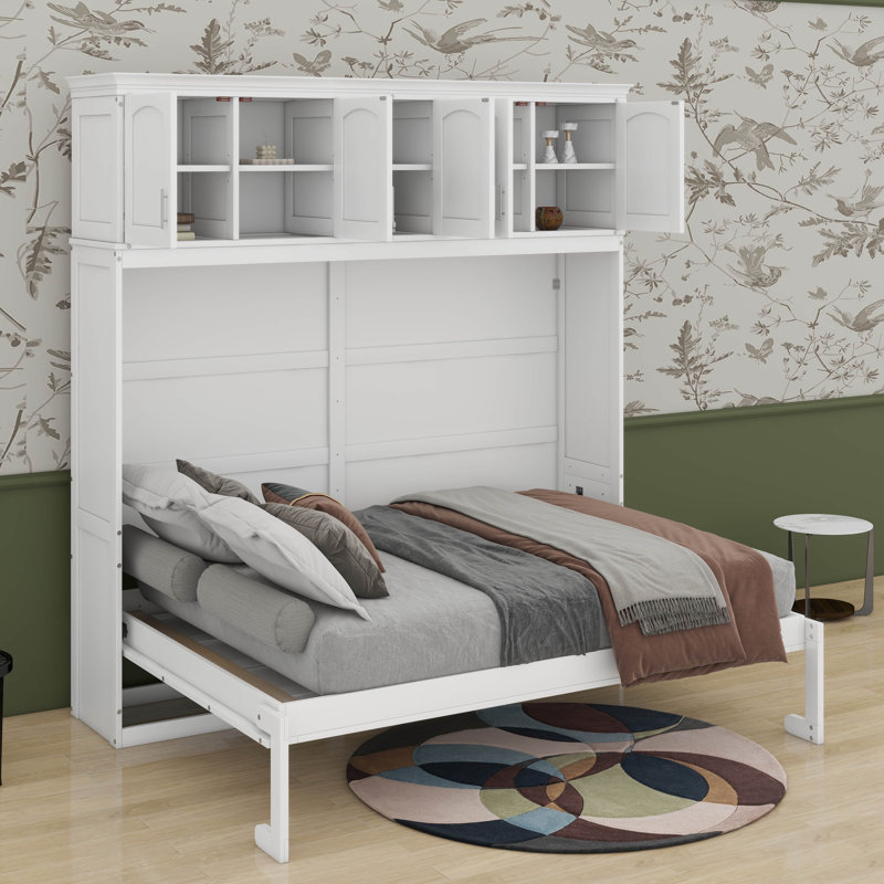 Lit escamotable avec armoires supérieures Murphy, Blanc, Grand lit