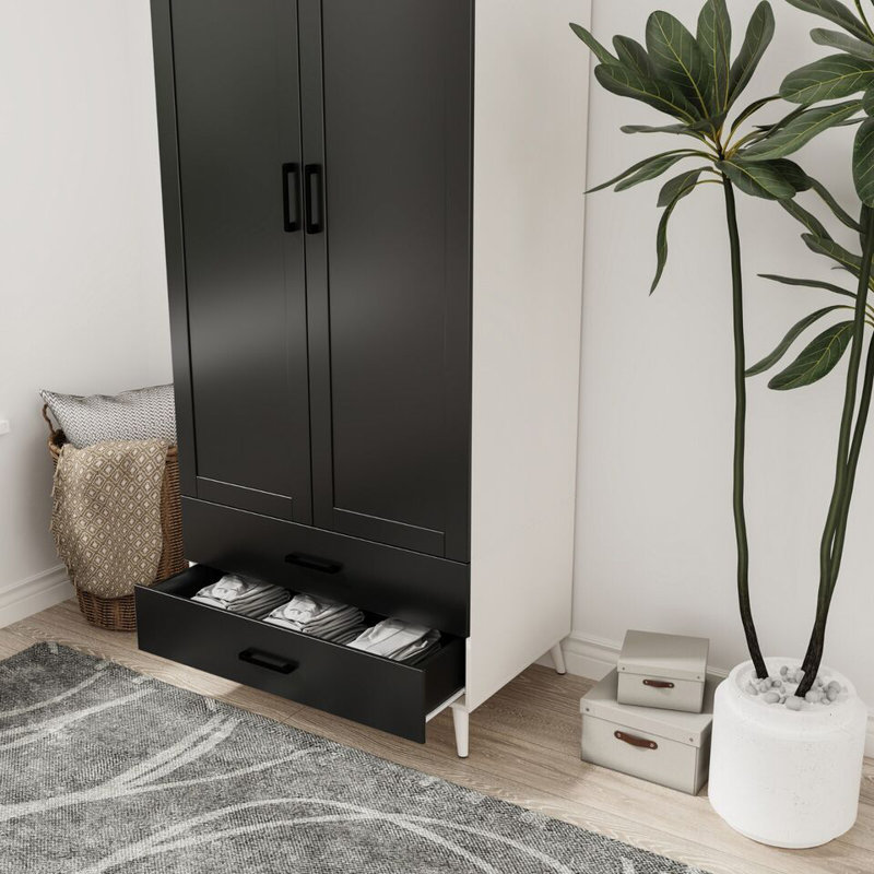 Bosse Solid Wood Wardrobe, White Black