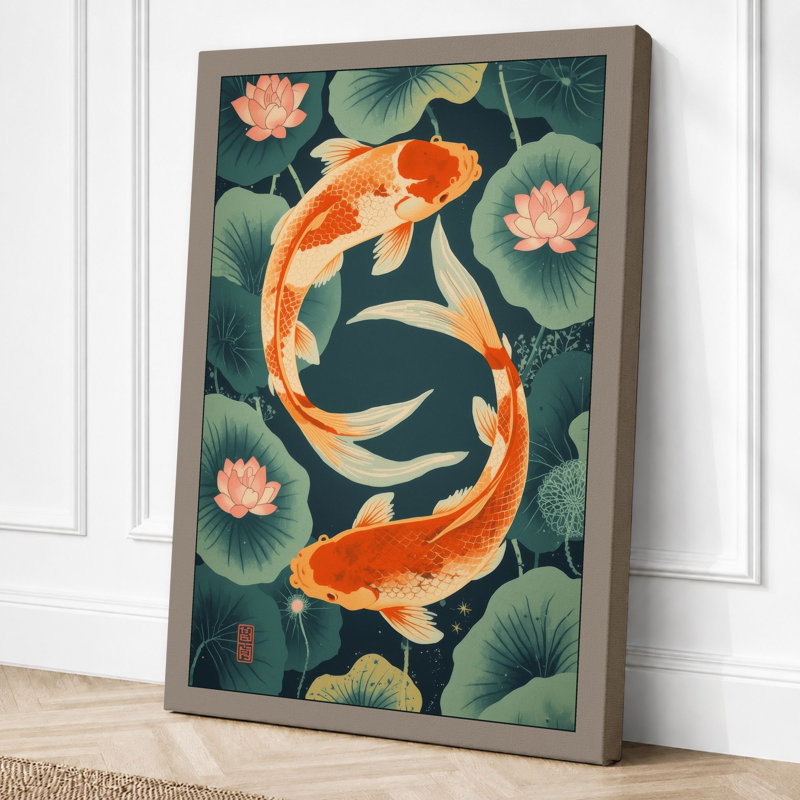 Koi and Water Lilies Japandi 1 Piece Wrapped Canvas Wall Art, 36x24 - 91.4 x 61.0 cm, Taupe Border