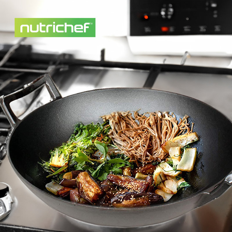 Nutrichef 14'' Non-Stick Cast Iron Wok with Lid