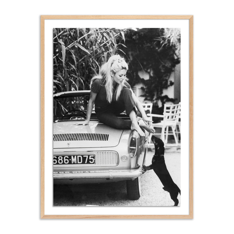 Brigitte Bardot & Pup Print by Getty Images, 24" H x 18" W x 1.5" D, Light Brown Framed