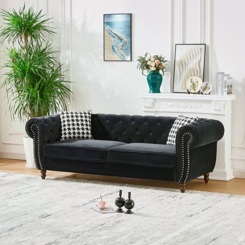 Canapé en velours Chesterfield, H 29 po x l 87 po x P 33 po, Noir
