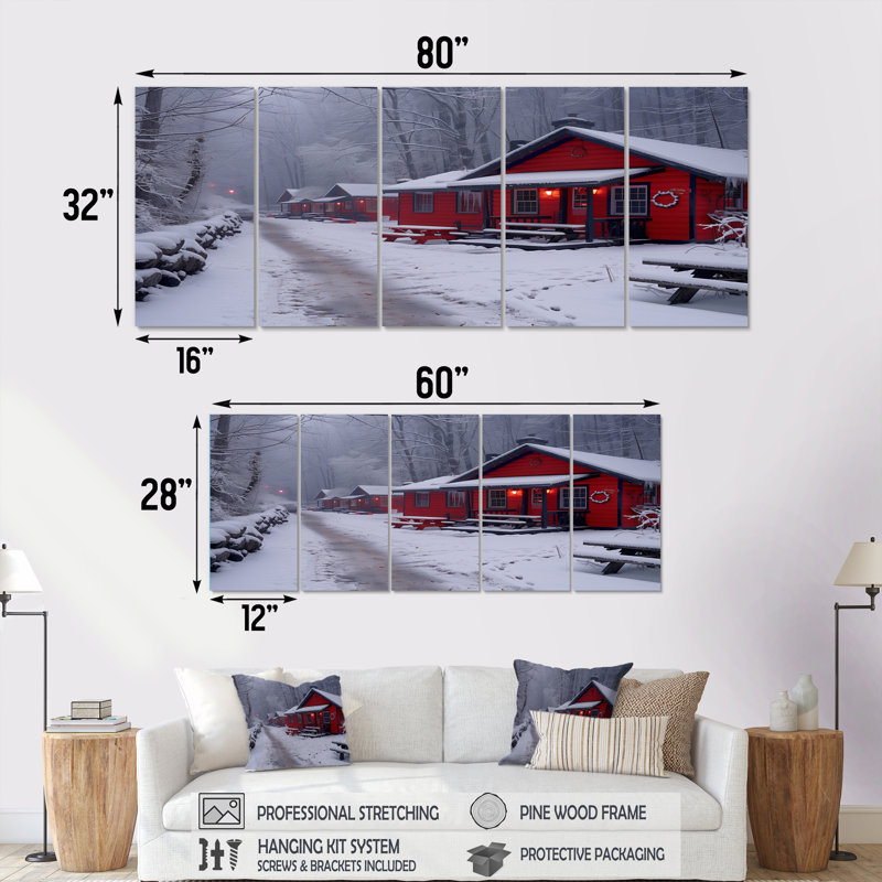 Rouge, blanc, hiver, hôtel, chalet douillet II - hôtels et loges, ensemble d'art mural, H 28 po x l 60 po