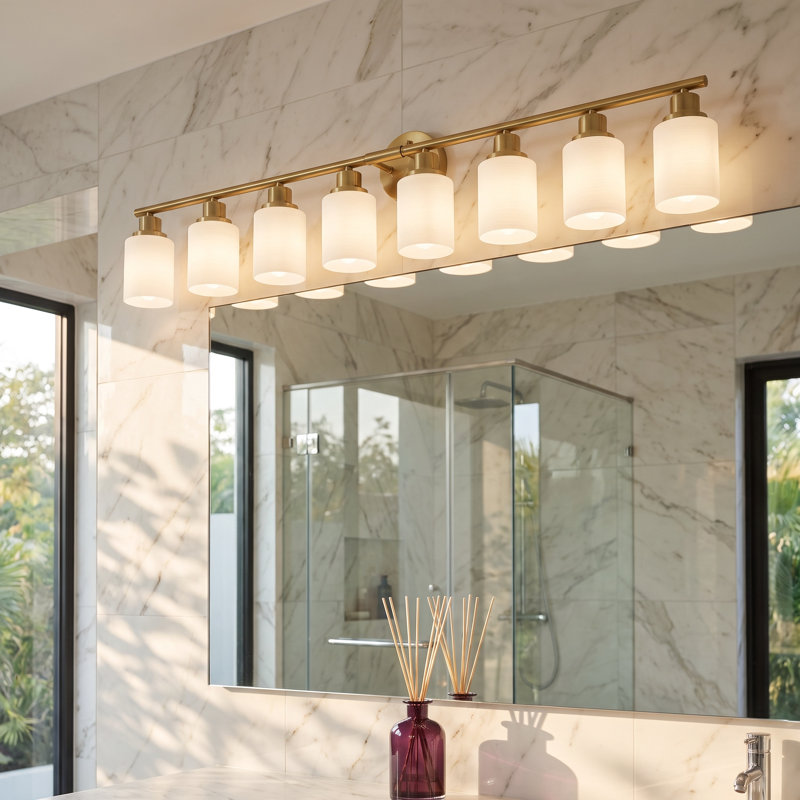 Applique murale moderne de salle de bain dorée à 8 lumières, 52 pouces, avec abat-jour en verre dépoli blanc laiteux, Doré