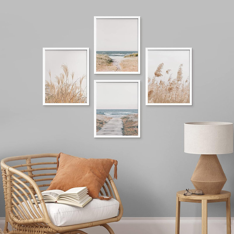«Pampas Grass Beach Ocean Shore», impression encadrée de 4 pièces, Cadre blanc, H 16 po x l 12 po x P 1 po