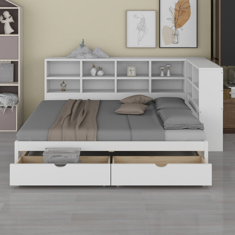 Daybed with Two Storage Drawers,  LED Light and USB Ports, White