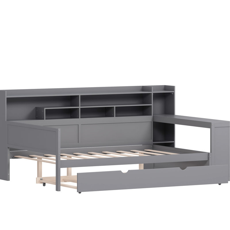 Lit de jour double en bois gris avec lit gigogne, bureau d'étude et tablettes de rangement, lit simple en bois de qualité supérieure