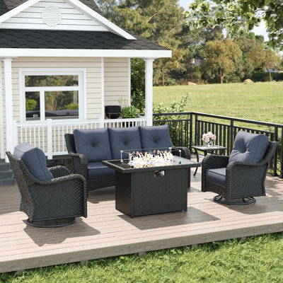 5 Piece Wicker Outdoor Furniture Set with 6-inch Comfy Cushions, High Back Patio Furniture Set with Swivel Rocking Chairs and Fire Pit Table by Lark Manor