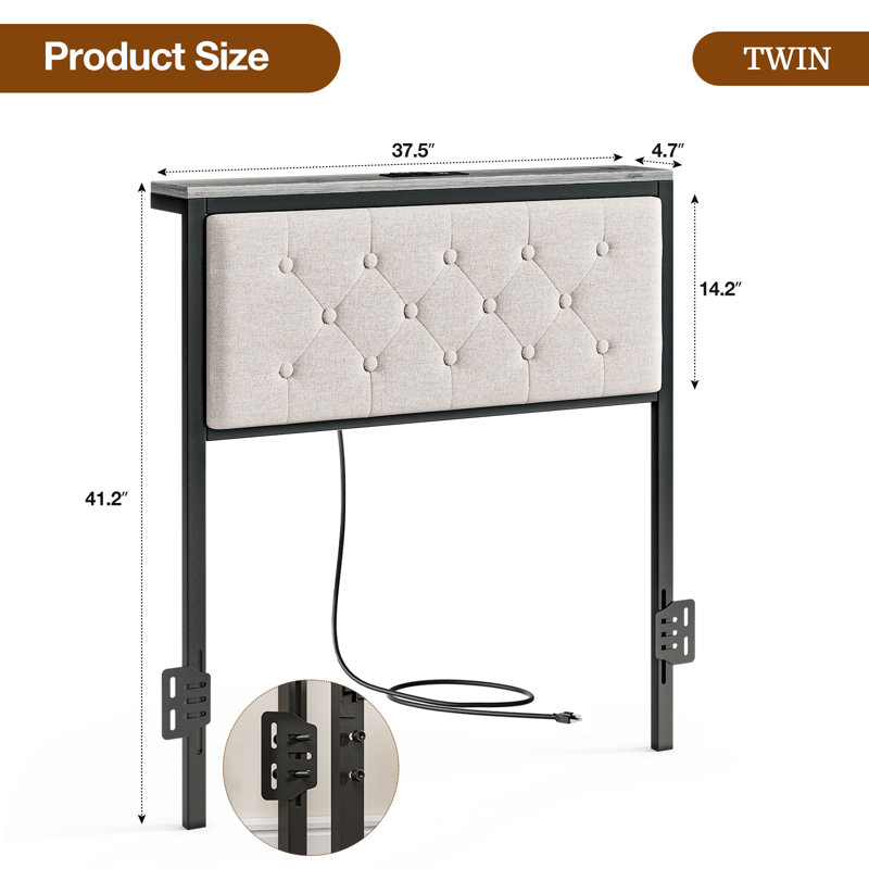 Headboard With Storage And Charging Station, Upholstered Storage Headboard Only With Bed Frame Brackets Adapter, Button Tufted Design, Easy Assembly