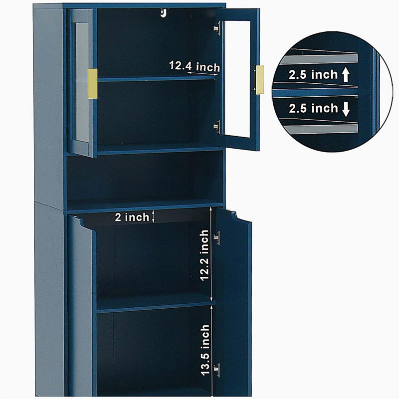 Tempered Glass Door Tall Storage Bookcase with Adjustable Shelves, 4 Doors MDF Cabinet for Living Room or Bedroom, Blue