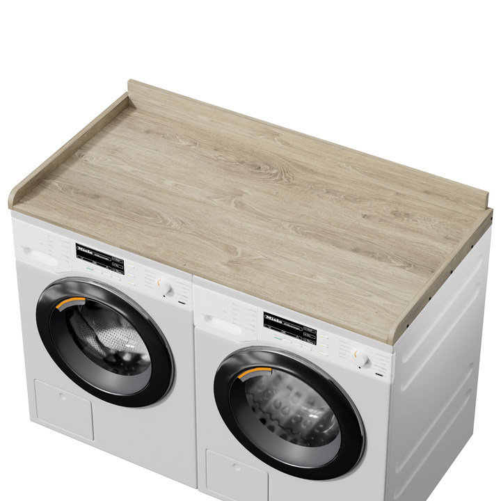 Laveuse, sécheuse et comptoir en bois avec rebord pour le rangement et l'organisation de la salle de lavage, Oak