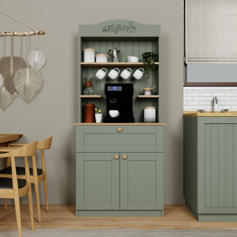 Support à café moderne avec option de fixation murale, vert, 31,5 po x 70,9 po x 16,5 po | 100% panneau de particules enduit de mélamine, épaisseur: 0,7 pouce | Plusieurs tablettes pour le rangement et la présentation, design élégant et fonctionnel